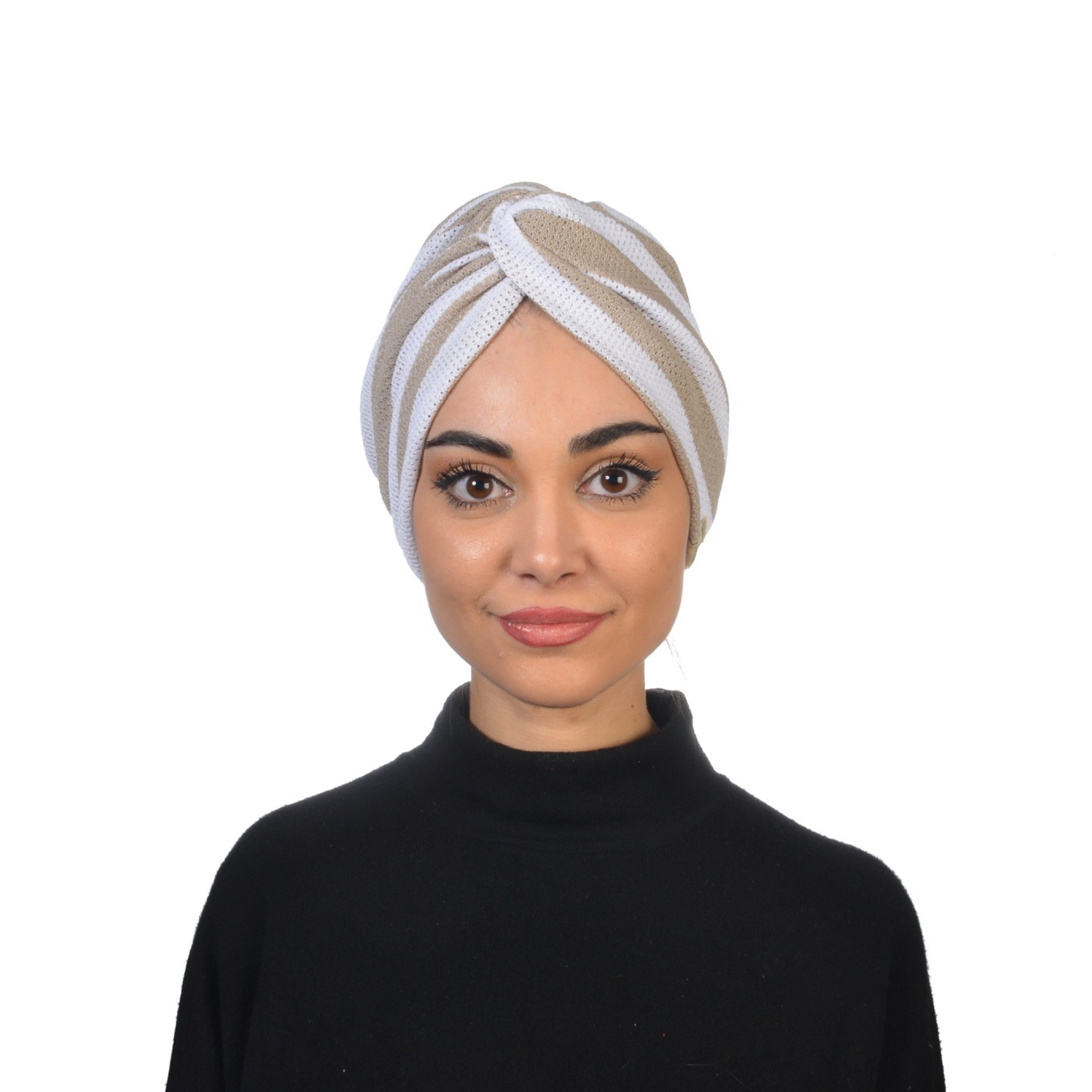 Twisted Beignet White Çizgili Esnek Örme Kumaş El Yapımı Şık Bone