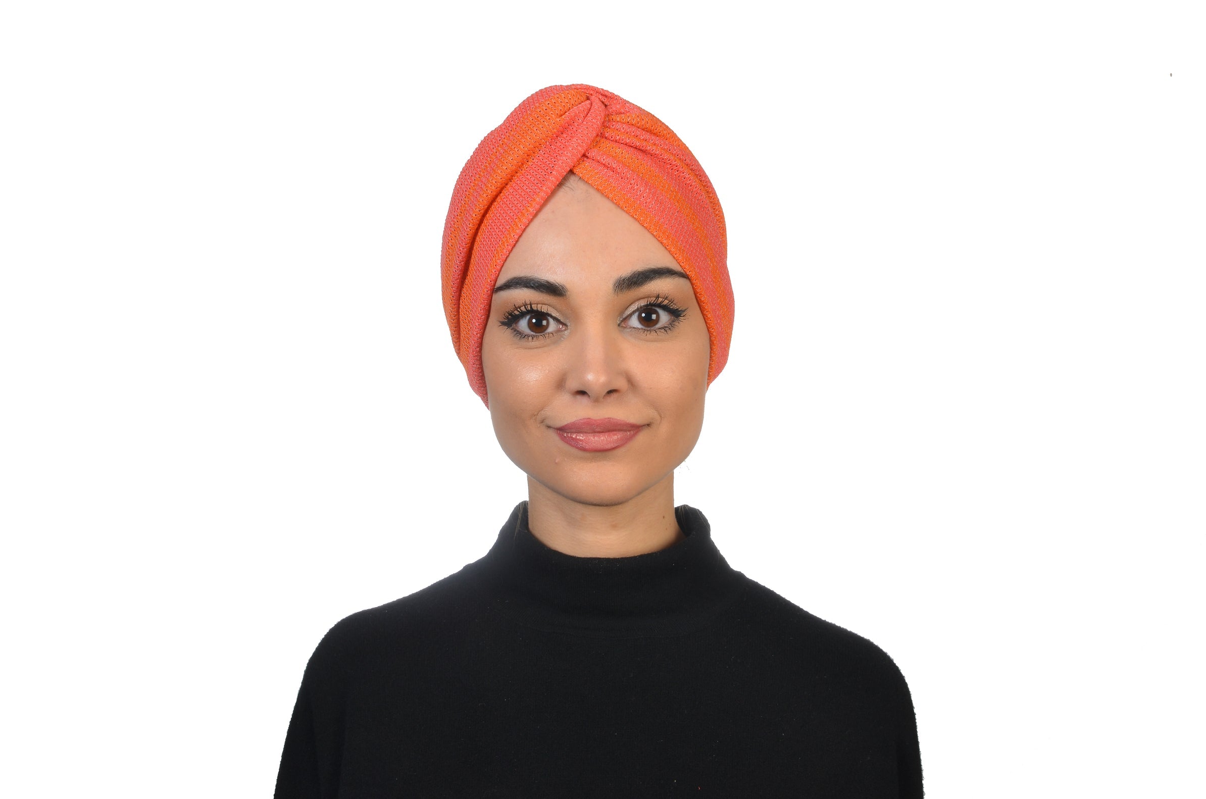 Twisted Beignet Pink Orange, Turuncu ve  Pembe Çizgili, Esnek Örme Kumaş, El Yapımı Bone
