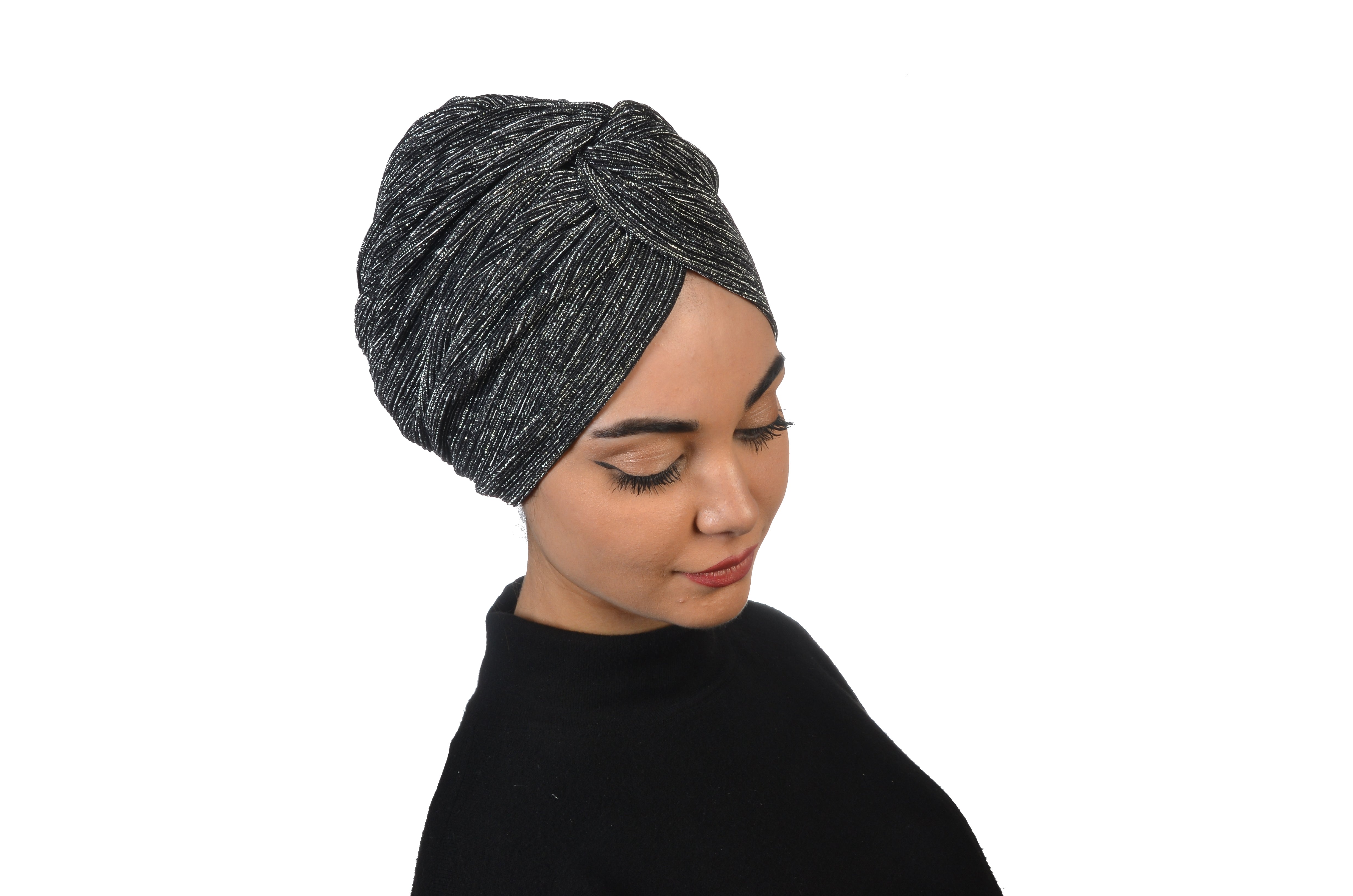 Twisted Glitter Black Simli Siyah El Yapımı Esnek Örme Kumaş Bone